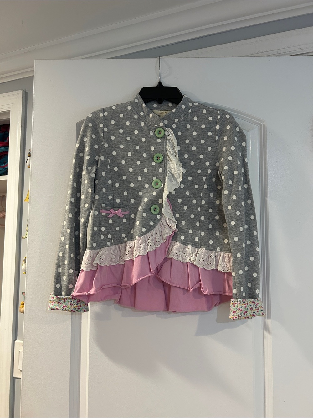 Girls' Matilda Jane Grey Polka Dot Ruffle Jacket with Pink Trim